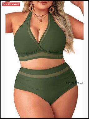 Plus Size Bikini High Waisted Tummy Control Two Piece Mesh Swimwear Bathing Suit
